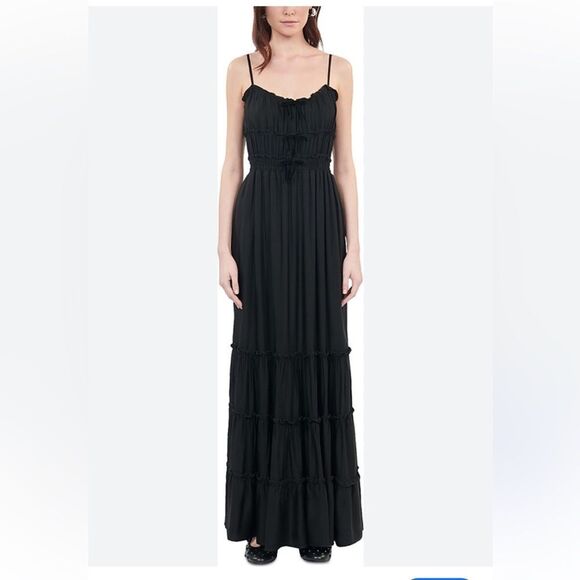 $325 The Kooples Shirred Long Maxi Black Dress with Bows Tiered Skirt NWT - Picture 3 of 15